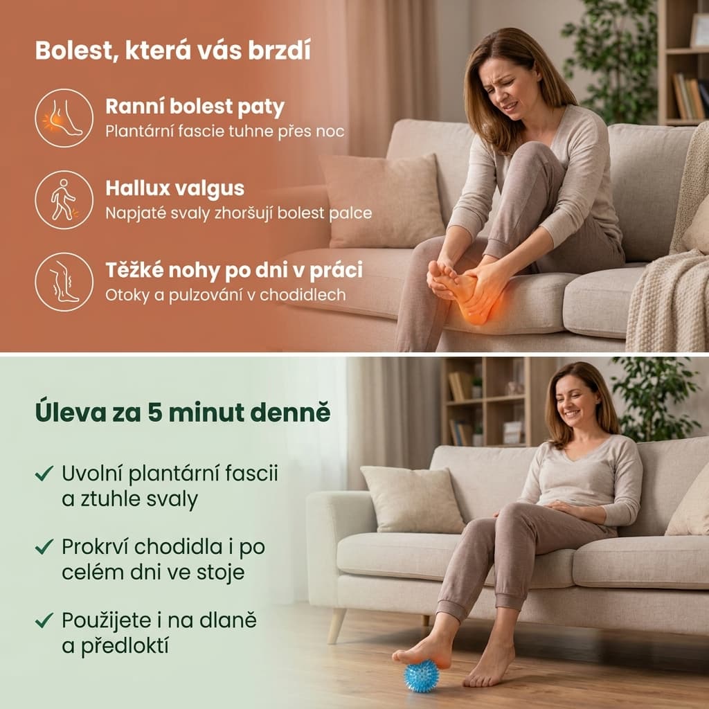 Masážní ježek na chodidla při plantární fasciitidě a hallux valgus